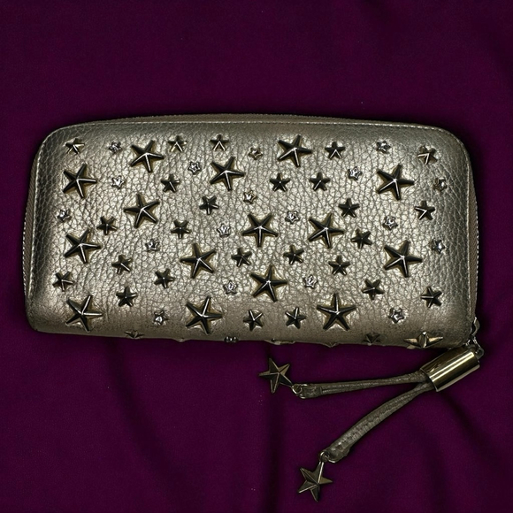 Women's Jimmy Choo Star Studded Zip Around Wallet Gold/Tan One Size - Picture 1 of 9